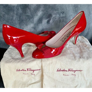 Salvatore Ferragamo Patent Leather Red Vara Bow Heels